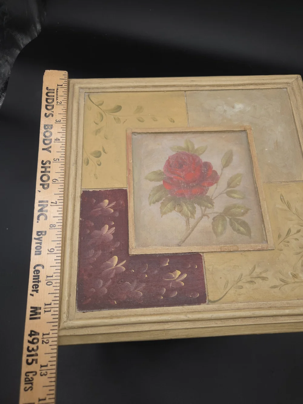 French Country Painted Wood 13 Inch Tall Jewelry Storage Box Chest Red Rose